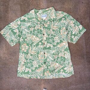 Bishop‎ St Apparel Hawaiian Shirt Green Tropical Floral Hibiscus Aloha Mens